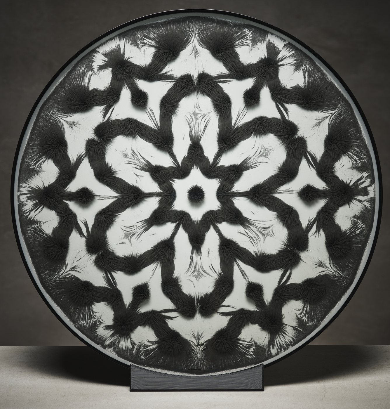 Classic black and white magnetic field mandala in clear resin
